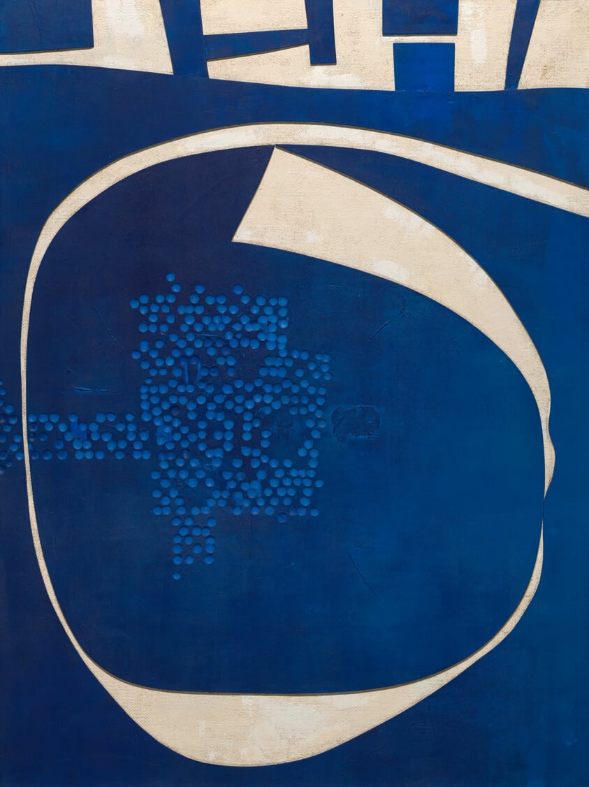  "Untitled" by Saitō Yoshishige, 1965, an abstract painting featuring an off-white circular form with a cluster of smaller blue circles on a deep blue background, framed by angular geometric shapes.