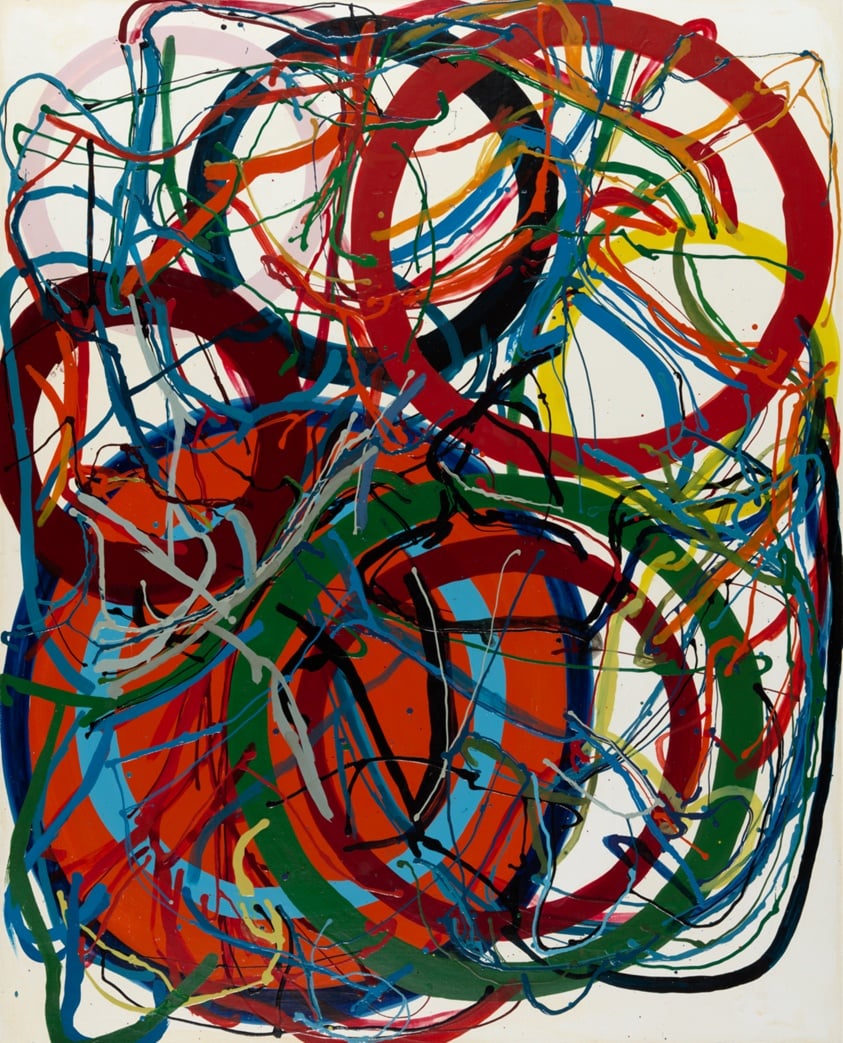 "Untitled" by Tanaka Atsuko, 1964, an abstract painting with a lively 'O' or circular composition of interlocking loops in red, blue, green, and yellow, outlined in black on a white background.