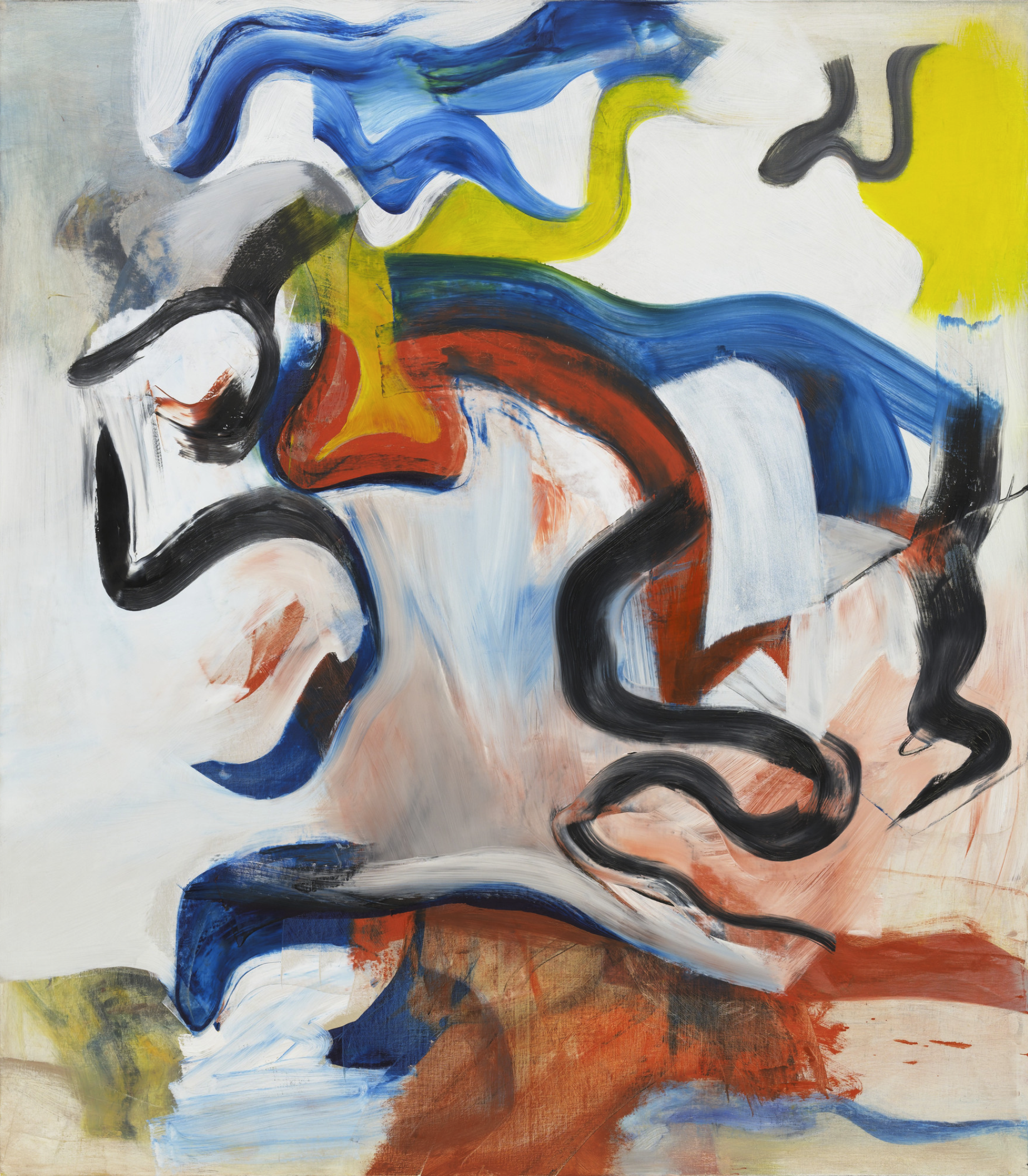 "Untitled V" by Willem de Kooning, 1982, an abstract painting with energetic 'S' and compound curves in vibrant blues, yellows, reds, and blacks on a dynamic and expressive background.