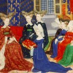 A detailed medieval painting depicting six women adorned in lavish dresses and headdresses, seated in an ornate chamber with patterned walls. The women are portrayed in various poses: some converse with each other, while one presents a decorated book. The vibrant colors of their garments, including deep reds, blues, and greens, are accentuated by intricate patterns and golden accents.