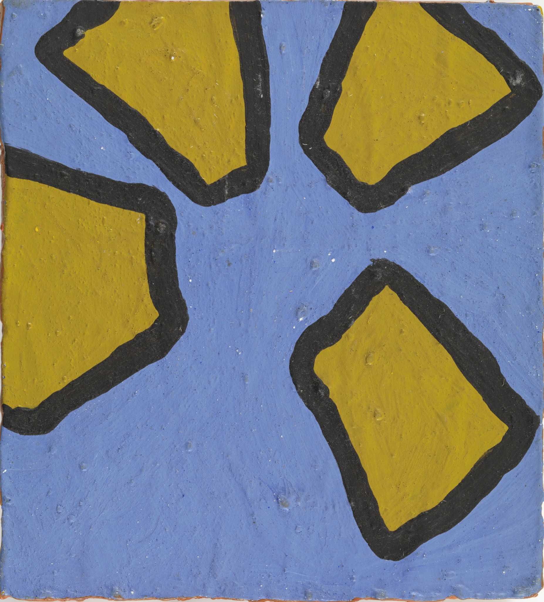 "Yellow Wheel with Orange Border" by Lawrence Weiner, 1963, an abstract painting with yellow geometric shapes outlined in black, arranged in a radiating composition against a blue background with an orange border.