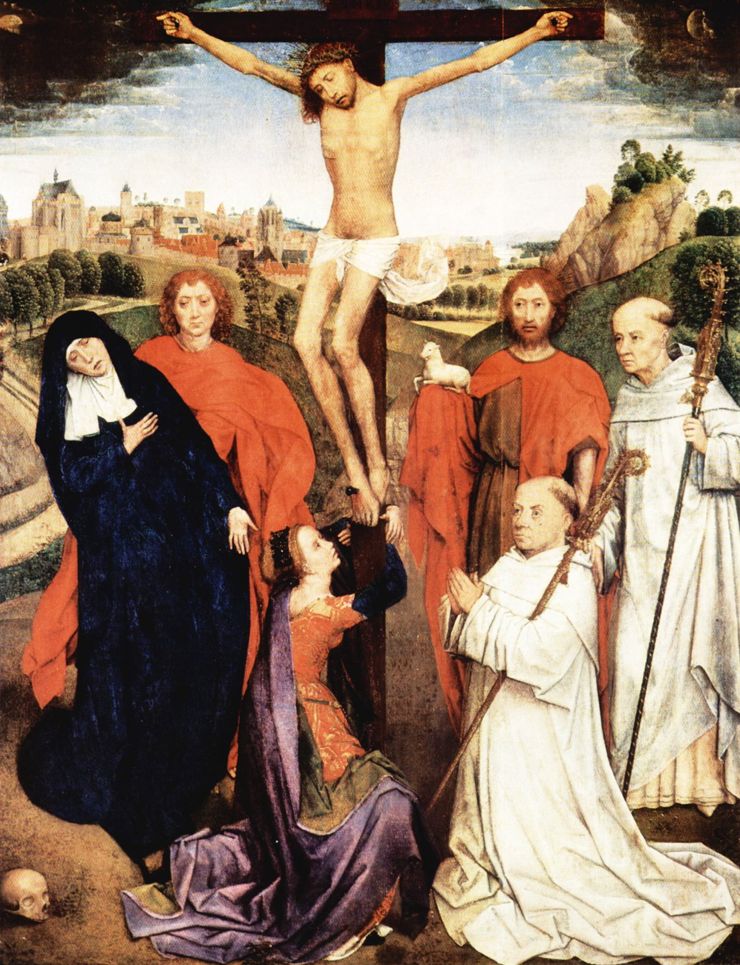 A painting titled "Crucifixion" by Hans Memling. The image depicts the biblical scene of Jesus Christ's crucifixion. Christ is centered on the cross, with a sorrowful expression, against a backdrop of a serene, detailed landscape featuring a city and hills under a partly cloudy sky. At the foot of the cross, to the left, the Virgin Mary is depicted in a fainting pose, supported by John the Evangelist in a red cloak. On the right, Saint John the Baptist, identifiable by his camel-skin garment and the lamb symbol, stands with a bishop, possibly representing Saint Jerome, who is holding a crucifix staff. In the foreground, Mary Magdalene is shown kneeling and looking up at Jesus, her hands clasped in prayer and devotion. The painting is rich in religious symbolism and evokes a deep sense of piety and reflection.