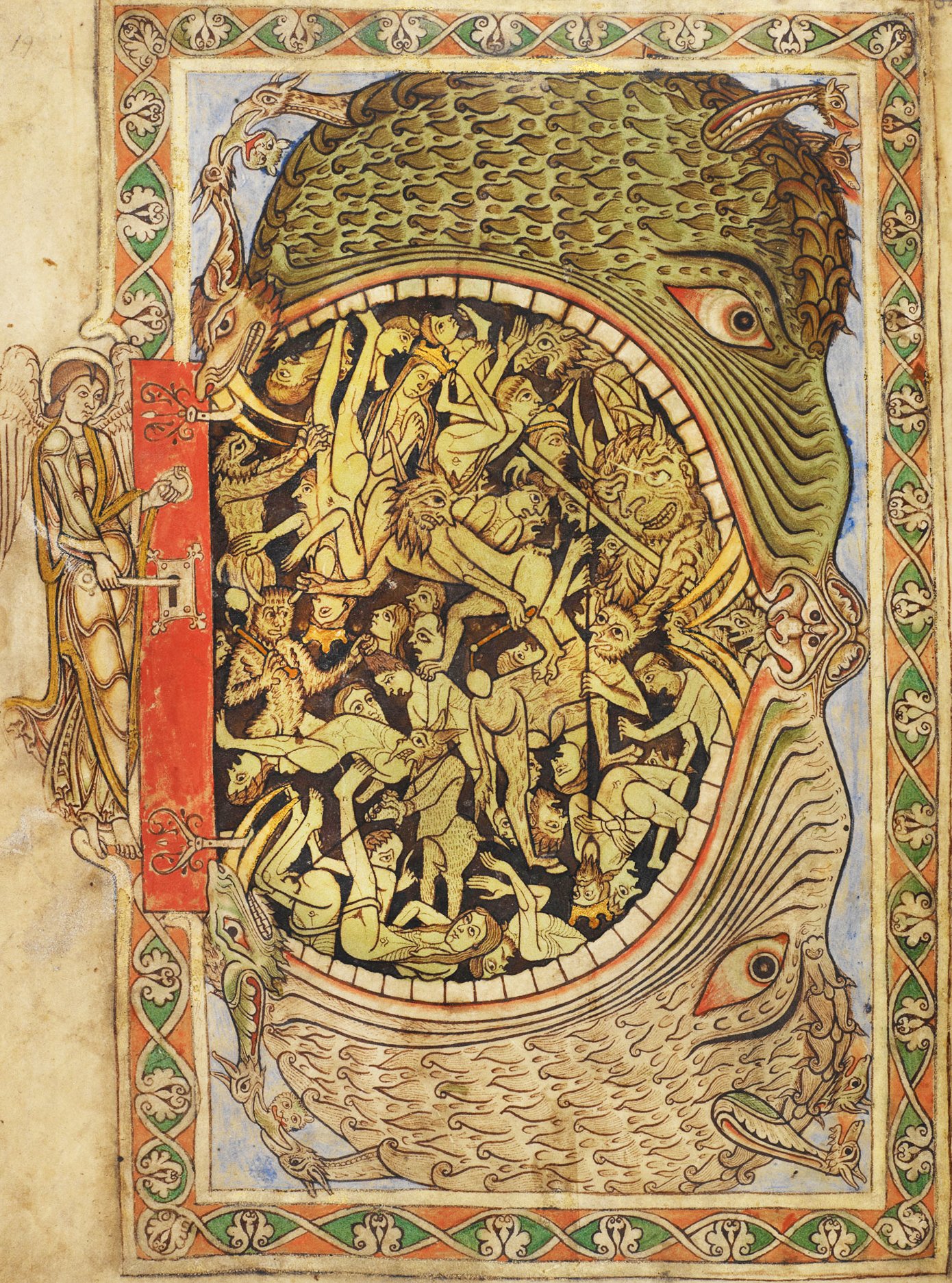 This is an image from the Winchester Psalter, depicting a medieval concept of Hell. The central feature is a large, monstrous mouth with sharp teeth, known as a "hellmouth," swallowing the damned. The figures are drawn in various poses of distress and are entangled with each other, illustrating the chaos and despair of Hell. Some figures are being tormented by demons, while others appear to be tumbling into the abyss. The hellmouth is situated within a frame, and the entire scene is bordered by intricate patterns and designs. On the left side, an angel operates a winch to open the mouth of Hell, signifying the divine judgment that consigns souls to this fate. The detailed illustration serves as a stark representation of medieval beliefs about the afterlife and moral consequence.