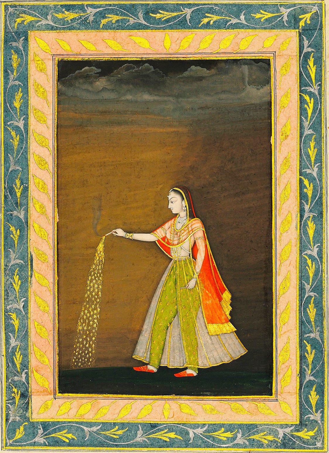 A painting from 1760, depicting a princess from Provincial Mughal India in Lucknow, elegantly holding a candle. She stands against a dark, cloudy backdrop, highlighted by a decorative border with leaf motifs. The princess is dressed in traditional attire with vibrant colors and detailed patterns, conveying her royal status and the artistry of the period. Her posture and the act of holding the candle suggest a ceremonial or symbolic significance.