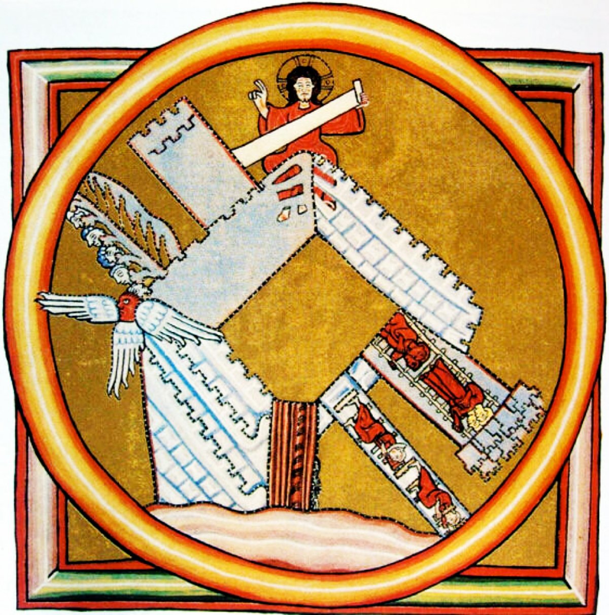 An illustration from Hildegard of Bingen's work depicting her vision of the City of God. The image is centered around a circular motif with an intricate design, symbolizing the divine. Within the circle, a structure resembling a tower extends vertically and horizontally, with figures placed within its compartments, suggesting the orderly and hierarchical nature of the celestial city. At the top of the structure, a figure with a halo, possibly representing Christ, presides over the scene. A dove, often used to symbolize the Holy Spirit, is depicted flying towards the central figure. The background is golden, framed by a thick, multi-colored border that emphasizes the sacred and otherworldly aspect of the vision. The overall composition conveys the mystical and architectural elements typical of Hildegard's visionary iconography.