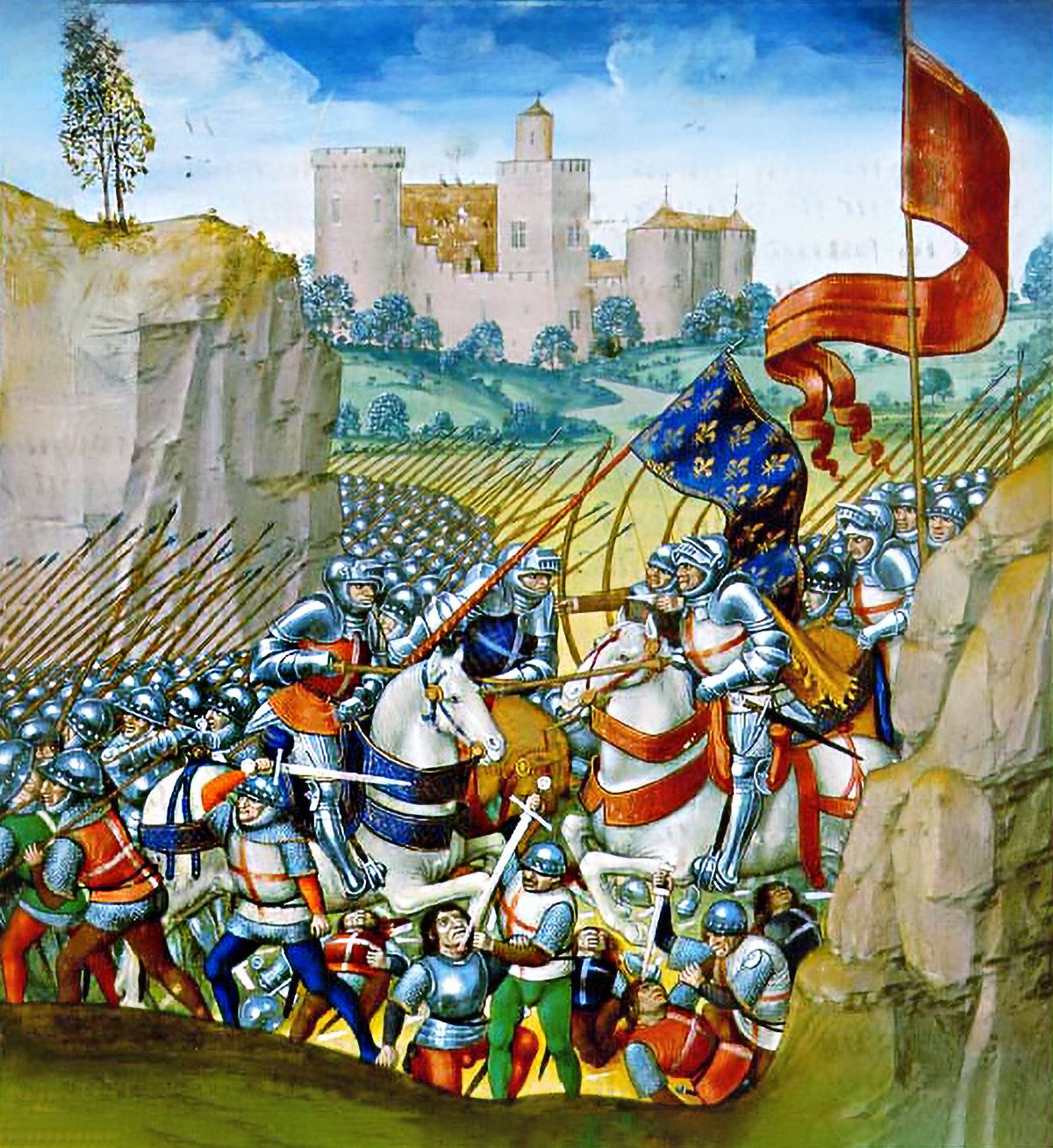  Colorful illustration from Enguerrand de Monstrelet's 'Chronique de France' depicting the Battle of Agincourt. Armored knights clash in the foreground, with the French forces bearing the royal standard, adorned with fleur-de-lis, on the left. Fallen soldiers lie on the ground amidst the fighting. In the background, a medieval castle stands atop a hill, overlooking the battlefield.