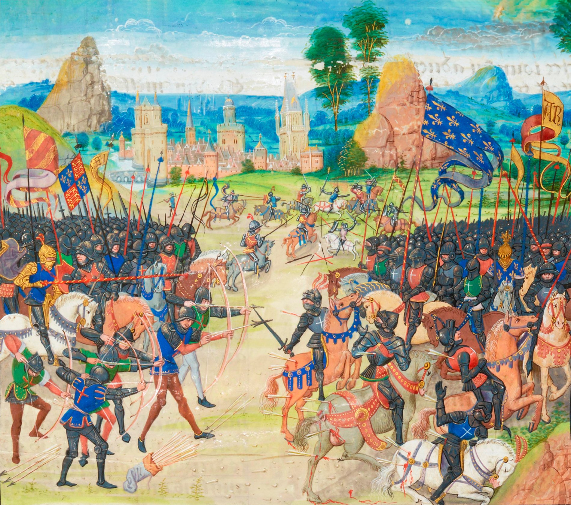 Illuminated manuscript painting from Froissart's Chronicles depicting the Battle of Poitiers at Nouaillé-Maupertuis in 1356, part of the Gruuthuse Manuscripts collection. The artwork shows the English army on the left side, engaging with the French troops on the right. Vivid colors illustrate the combatants in armor, with flags and banners representing each side's heraldry. The background features a detailed medieval landscape with castles, rocky formations, and lush greenery under a blue sky.