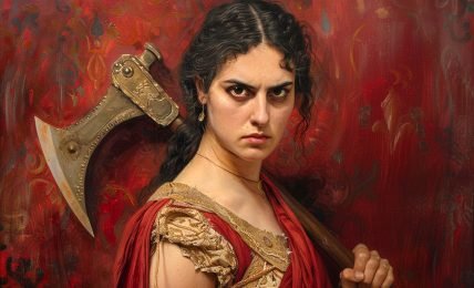 A painting of Clytemnestra, gripping an axe with determination, her expression fierce and resolute against a chaotic red backdrop, capturing the complexity of her character.