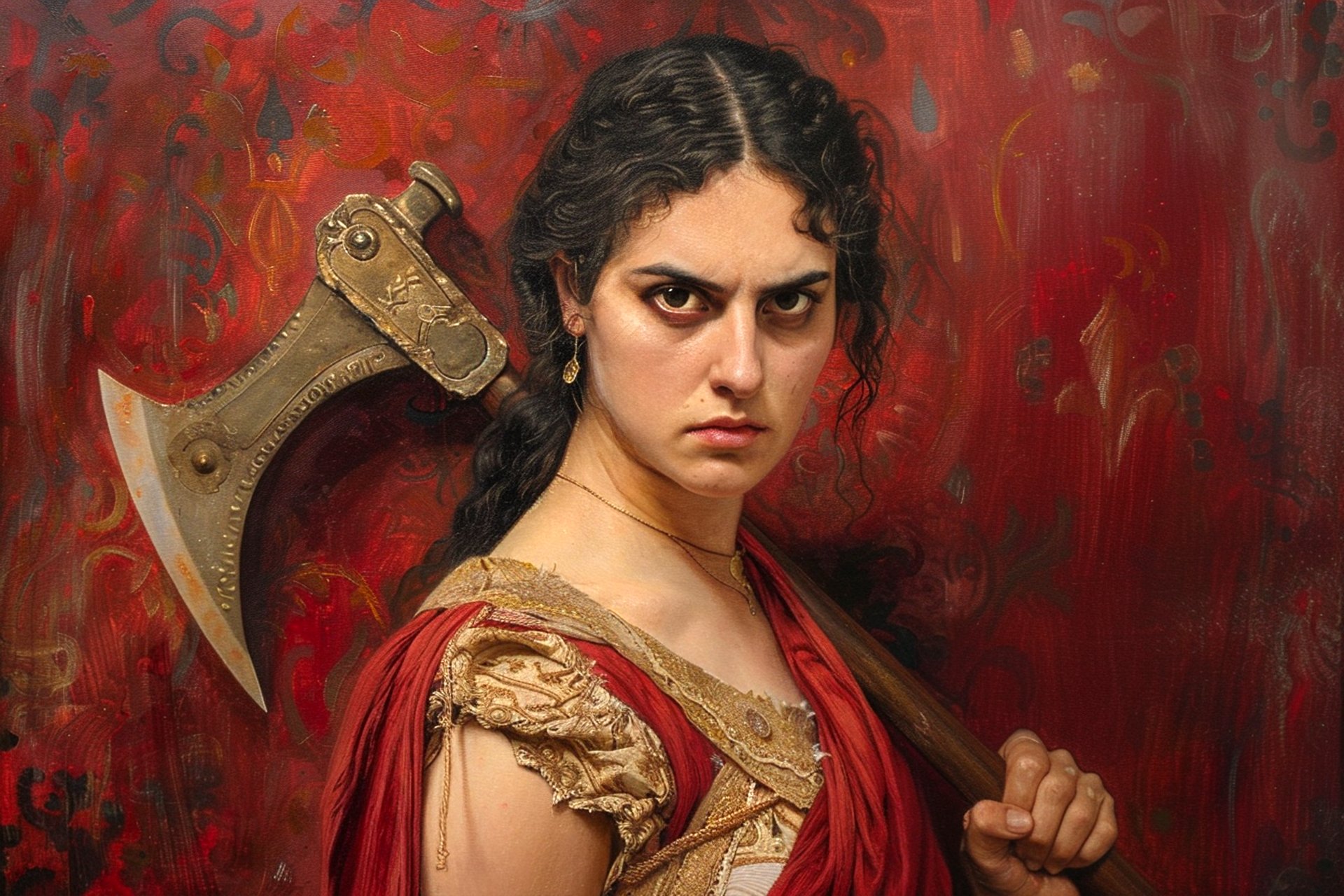 A painting of Clytemnestra, gripping an axe with determination, her expression fierce and resolute against a chaotic red backdrop, capturing the complexity of her character.