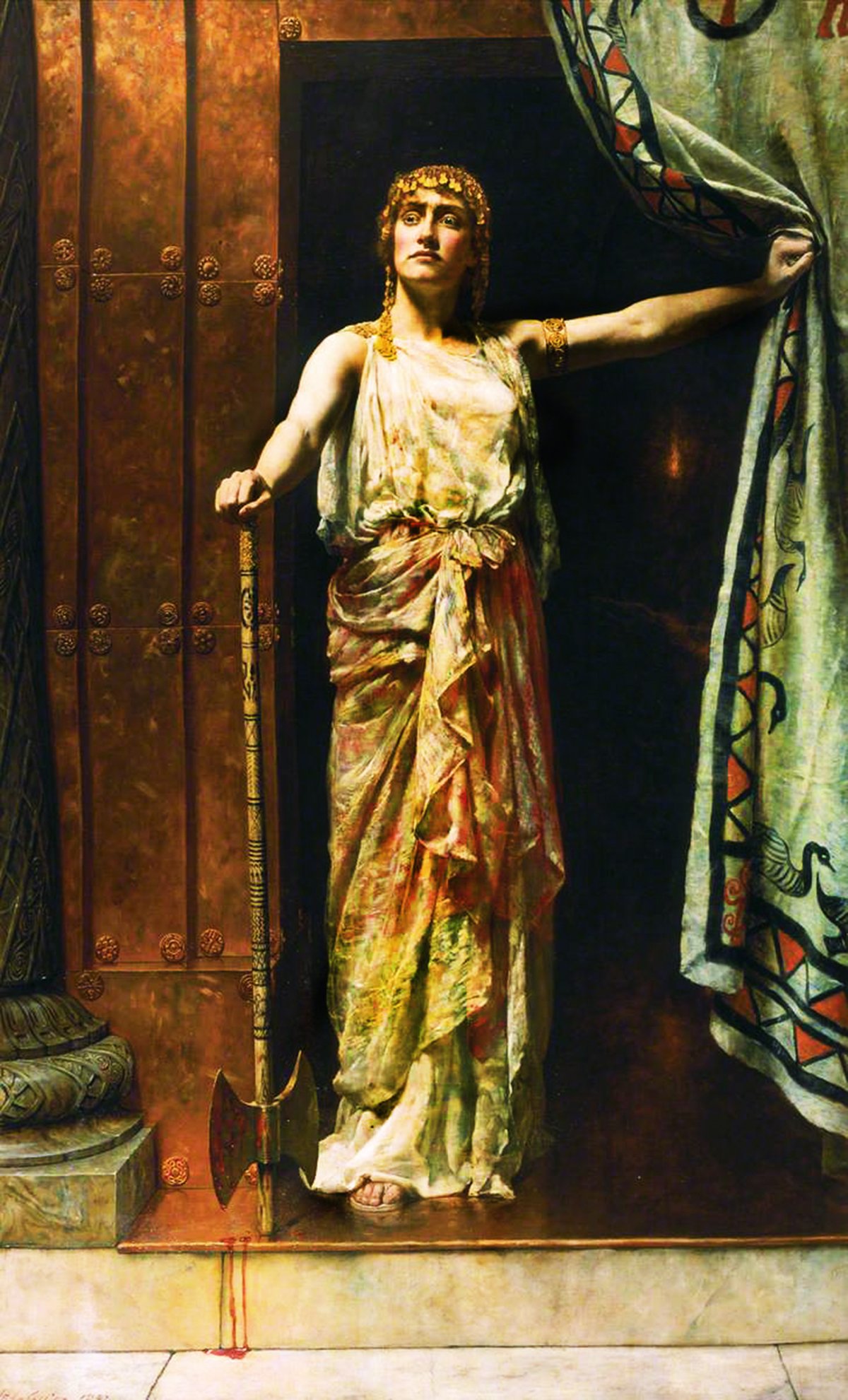 Painting "Clytemnestra" by John Collier, 1882, depicting a regal woman in ancient Greek attire holding a scepter and an axe, with a bloodstain on the ground, symbolizing her role in the murder of Agamemnon.