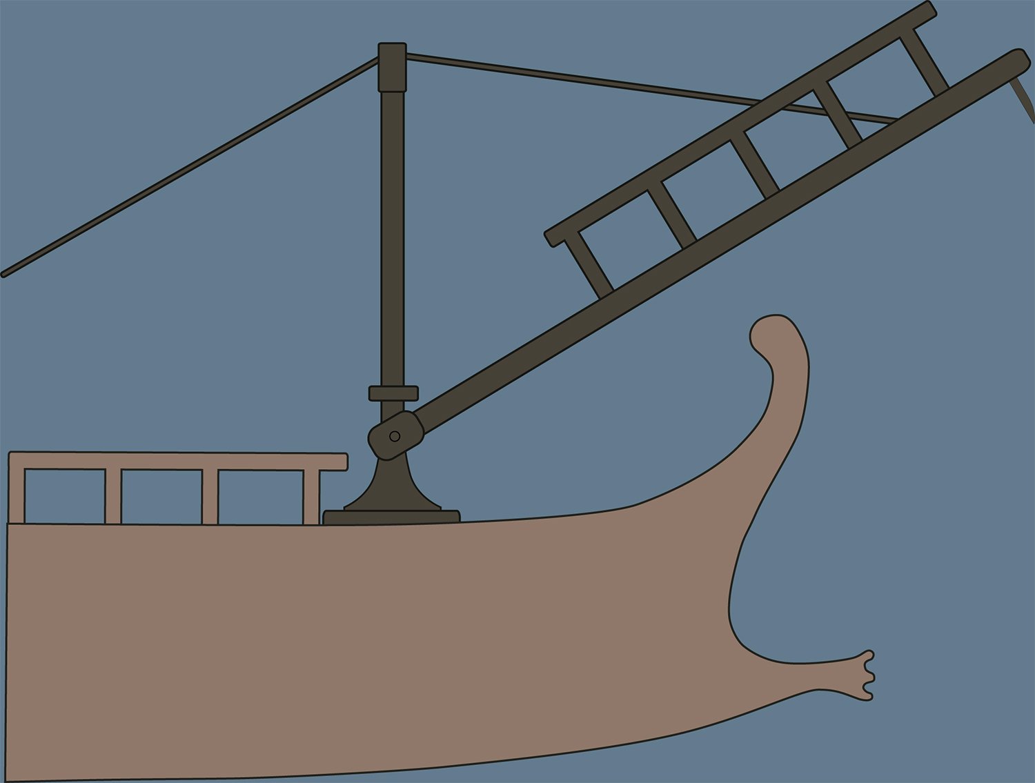 A stylized illustration of a Corvus, the ship-mounted boarding device used by the Romans during naval battles, showing its prominent beak-like prow and the hinged bridge for boarding enemy vessels.