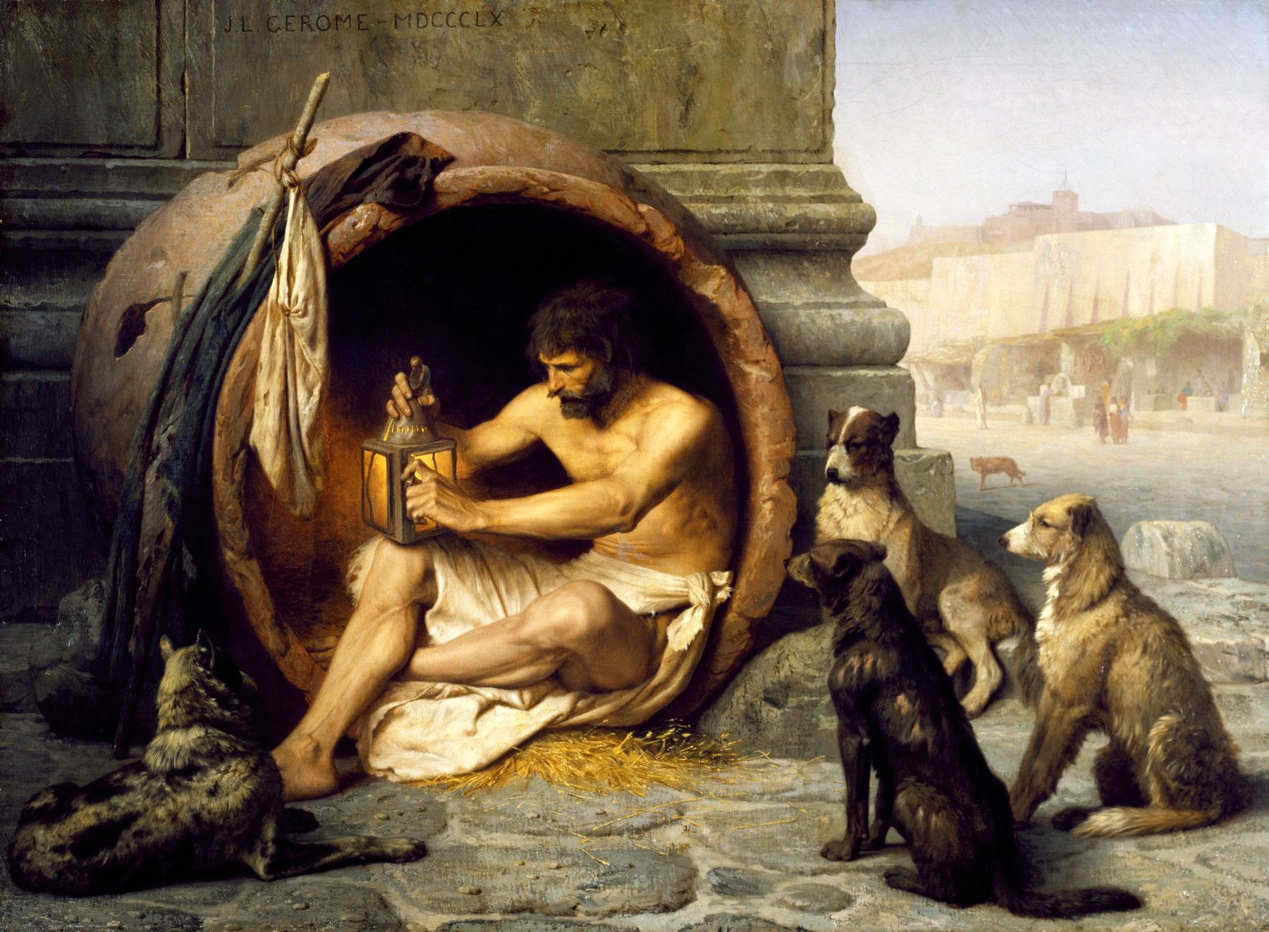 Painting of Diogenes the Cynic philosopher, seated in a large ceramic tub, holding a lantern with a contemplative expression. Around him, attentive dogs seem to be his only companions. The background reveals a sunlit ancient Greek cityscape, suggesting the philosopher's detachment from societal norms.
