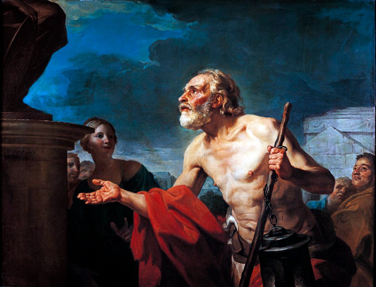 The painting portrays Diogenes, the ancient Greek philosopher, extending his hand to beg from statues. He is depicted as an elderly, muscular figure with a focused gaze, holding a staff and a bowl, draped in a red cloak against a backdrop of classical architecture and a dramatic blue sky, while a group of onlookers observes his action. The scene illustrates the cynic’s lesson on the fruitlessness of expecting generosity from the unfeeling.