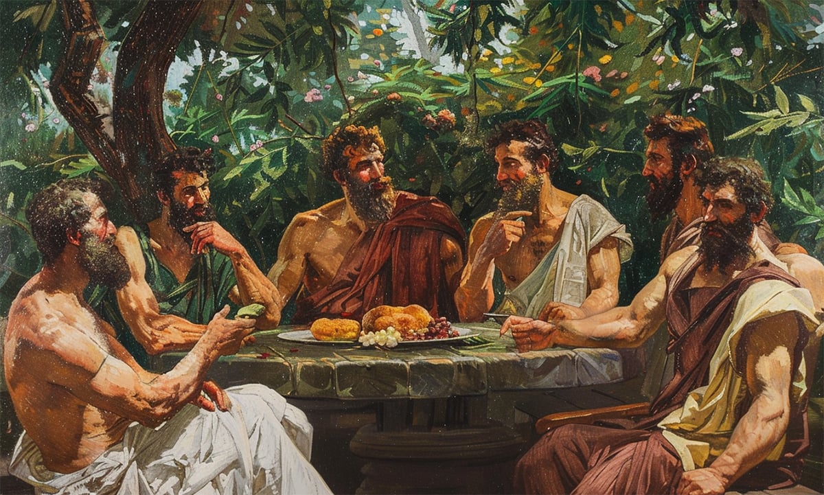 An illustration showing a group of men in ancient Greek attire engaged in conversation around a table in a lush garden. The central figure, possibly Epicurus, is gesturing expressively, suggesting a philosophical discourse. The table is modestly adorned with fruit, symbolizing simple pleasures, and the setting emphasizes the Epicurean ideal of friendship as a key component of a good life.