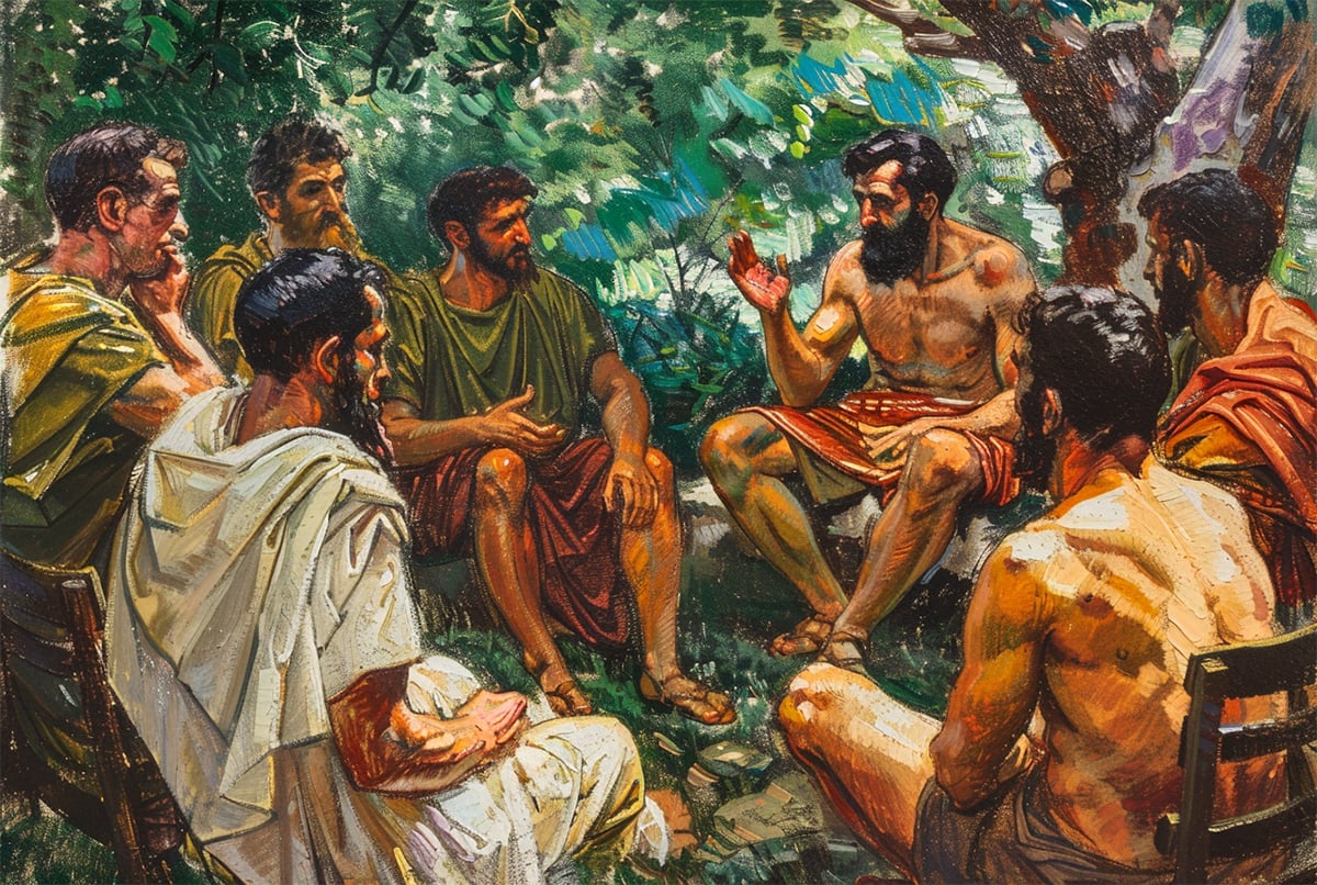 An illustration of Epicurus teaching a group of attentive followers in "the Garden", with the philosopher gesturing expressively amidst a lush grove, symbolizing the school's emphasis on community and contemplation in a serene natural setting.