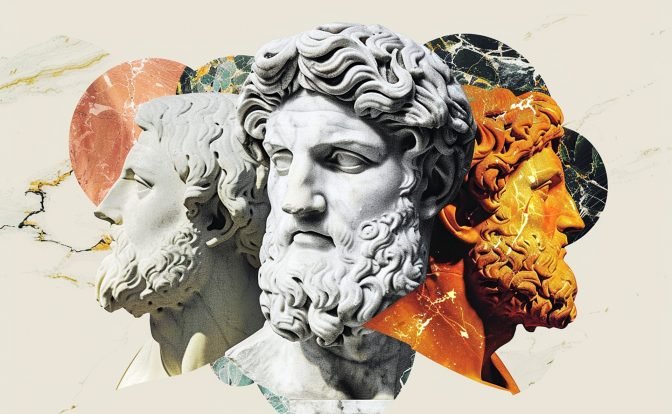 An artistic collage featuring busts, each representing one of the Hellenistic philosophies: Cynicism, Epicureanism, and Stoicism. The bust on the left, with a stern gaze and plain background, symbolizes the austere lifestyle of Cynicism. The central bust is set against a lush, colorful backdrop, reflecting the Epicurean pursuit of pleasure through simplicity. The bust on the right, overlaid with a structured, stone-like texture, embodies the Stoic focus on logic and inner peace. The trio signifies the enduring impact of these philosophies on the quest for happiness and fulfillment.