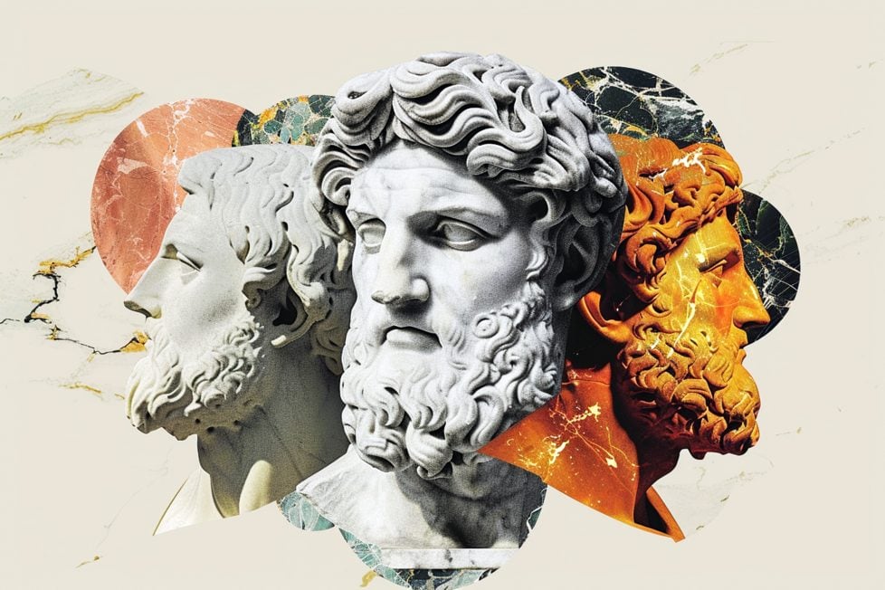 An artistic collage featuring busts, each representing one of the Hellenistic philosophies: Cynicism, Epicureanism, and Stoicism. The bust on the left, with a stern gaze and plain background, symbolizes the austere lifestyle of Cynicism. The central bust is set against a lush, colorful backdrop, reflecting the Epicurean pursuit of pleasure through simplicity. The bust on the right, overlaid with a structured, stone-like texture, embodies the Stoic focus on logic and inner peace. The trio signifies the enduring impact of these philosophies on the quest for happiness and fulfillment.