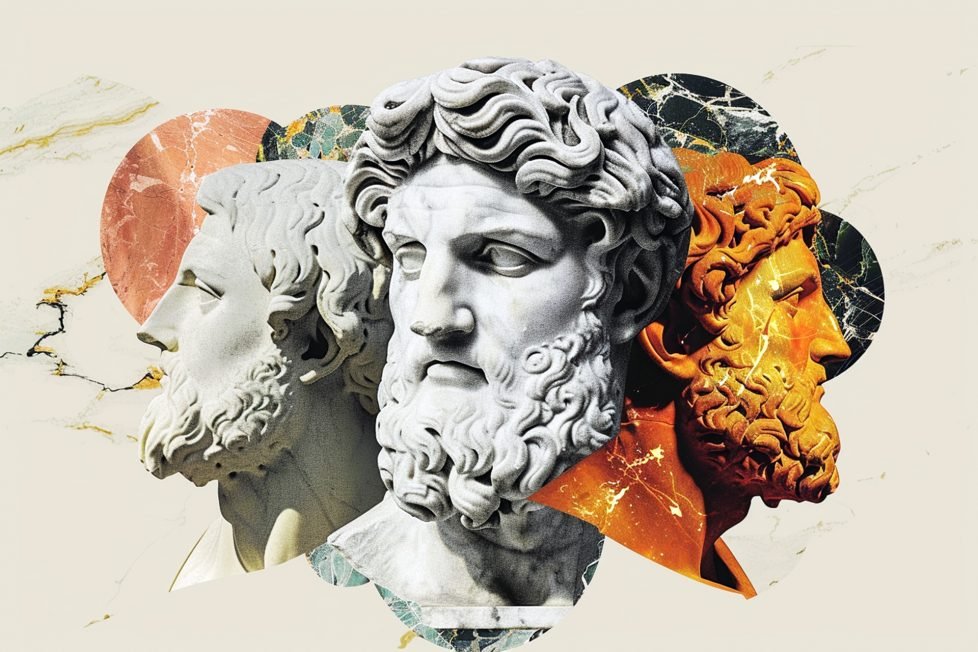 An artistic collage featuring busts, each representing one of the Hellenistic philosophies: Cynicism, Epicureanism, and Stoicism. The bust on the left, with a stern gaze and plain background, symbolizes the austere lifestyle of Cynicism. The central bust is set against a lush, colorful backdrop, reflecting the Epicurean pursuit of pleasure through simplicity. The bust on the right, overlaid with a structured, stone-like texture, embodies the Stoic focus on logic and inner peace. The trio signifies the enduring impact of these philosophies on the quest for happiness and fulfillment.