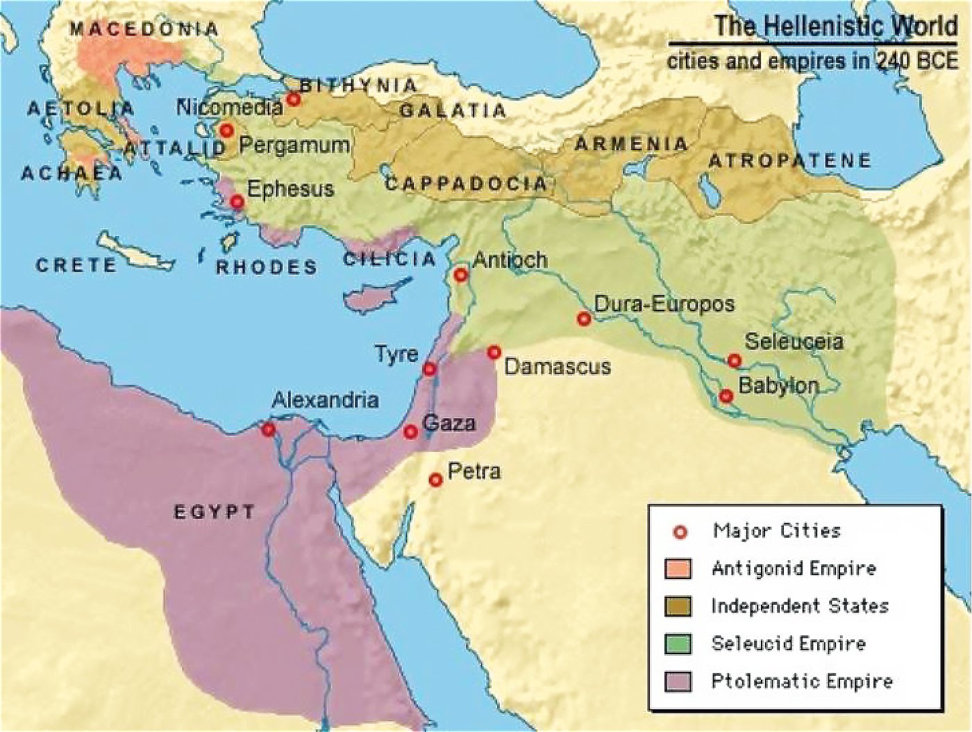  A historical map depicting the Hellenistic World circa 240 BCE. The map highlights major cities as red dots, and uses color coding to differentiate the realms of control: the Antigonid Empire in orange, independent states in light brown, the Seleucid Empire in green, and the Ptolemaic Empire in pink. Notable cities such as Alexandria, Antioch, and Babylon are marked, alongside geographic features like the Mediterranean Sea, outlining the extent of Hellenistic influence in the ancient world.