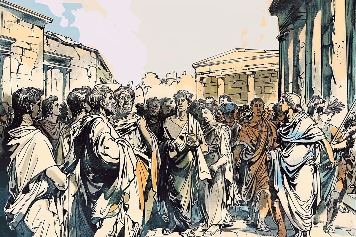 An illustration depicting a group of Hellenistic individuals moving through a city street, surrounded by classical architecture. The people are dressed in traditional garments of the era, with expressions that suggest a feeling of isolation despite being in a crowded public space. The scene captures the paradox of solitude in a populous setting during the Hellenistic period.