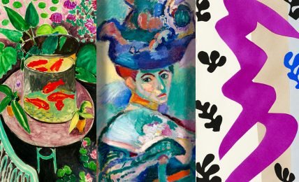 A collage of three Henri Matisse paintings, showcasing his vivid use of color and form: on the left, the tranquil "Goldfish" with vibrant orange fish in a bowl, center, the iconic "Woman with a Hat" featuring bold, expressive hues, and on the right, a purple, abstract cut-out, all reflecting Matisse's unique and revolutionary art style.