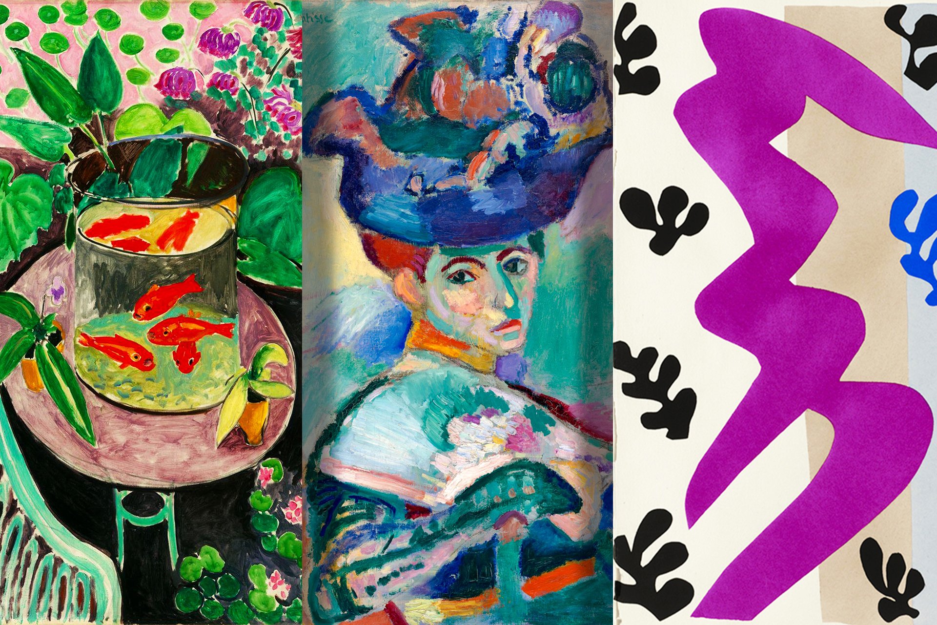 A collage of three Henri Matisse paintings, showcasing his vivid use of color and form: on the left, the tranquil "Goldfish" with vibrant orange fish in a bowl, center, the iconic "Woman with a Hat" featuring bold, expressive hues, and on the right, a purple, abstract cut-out, all reflecting Matisse's unique and revolutionary art style.
