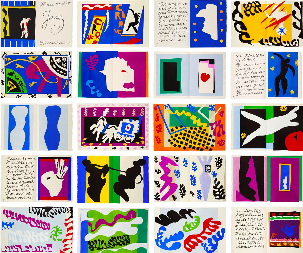This image showcases "Jazz," the complete set of twenty pochoirs in colors, created by Henri Matisse and published in 1947. The collection features a variety of abstract designs with bold colors and playful forms. Each piece combines bright and contrasting colors with simple, yet expressive, black silhouettes and shapes, often accompanied by handwritten text. The artwork is a mix of dynamic compositions that includes figures, animals, and faces, as well as purely geometric shapes, reflecting Matisse's innovative paper cut-out technique developed during his late creative period.