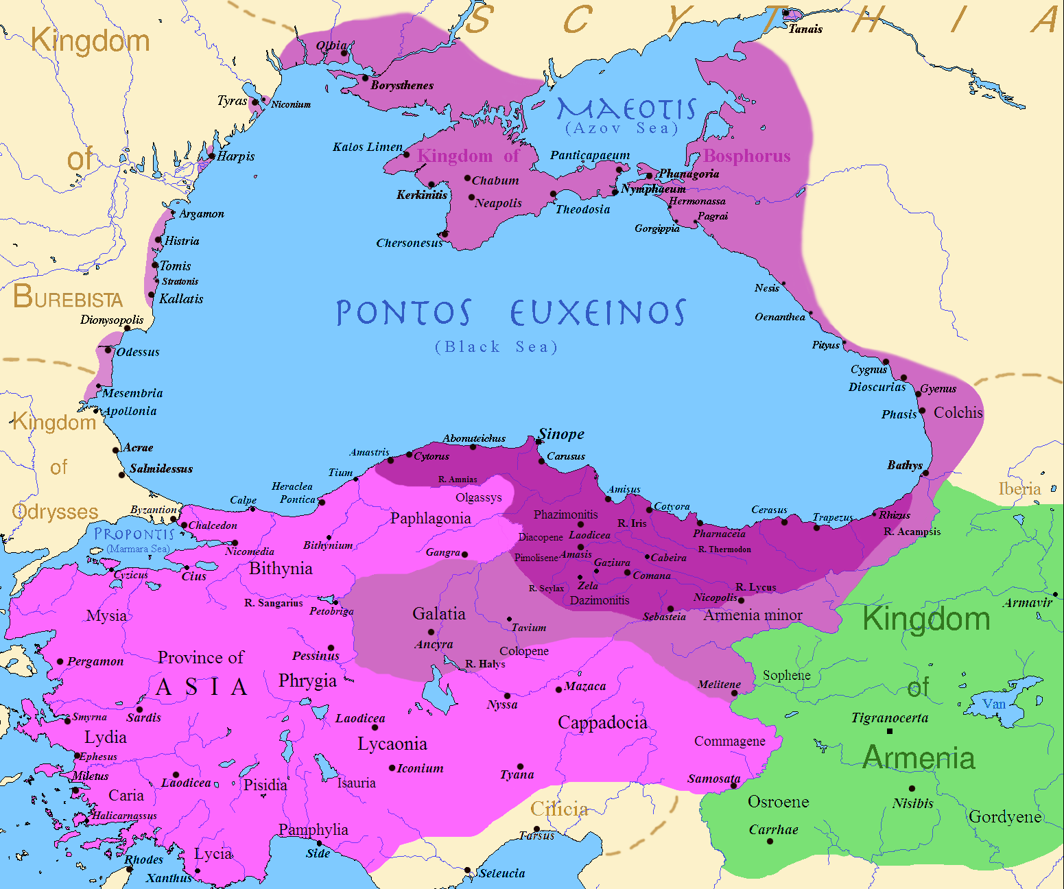 This image depicts a color-coded map of the ancient Kingdom of Pontus. It illustrates three distinct phases: the darkest purple areas represent the kingdom before Mithridates VI's reign, the purple areas show the extent of the kingdom after his conquests, and the pink areas indicate the territories acquired during the First Mithridatic War. The Black Sea, labeled as "PONTOS EUXINOS," is centrally located, with surrounding regions and cities marked, showcasing the historical expansion of Pontus.