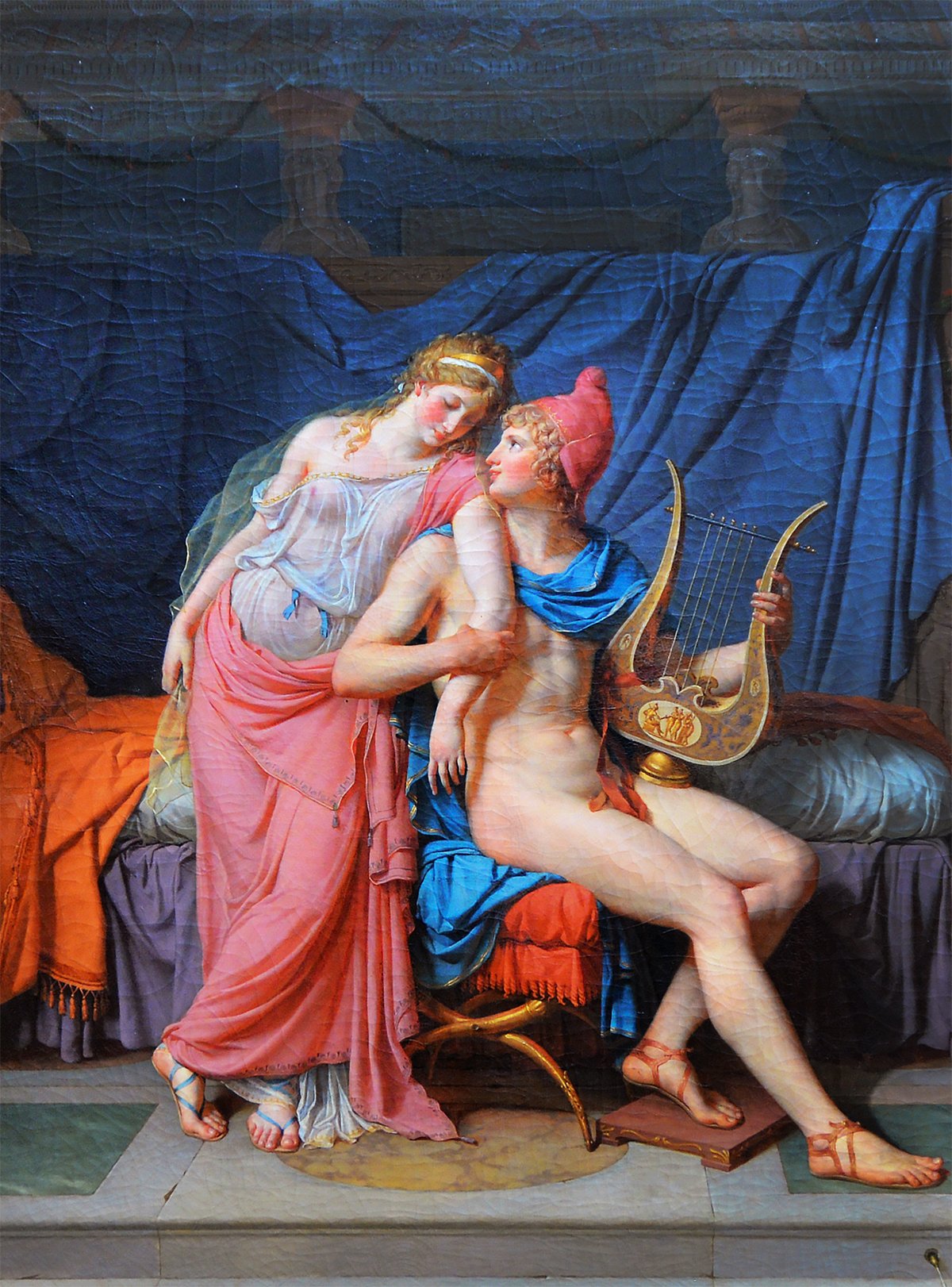 Painting "The Loves of Paris and Helen" depicting Paris, seated with a lyre, and Helen, standing close, in a romantic embrace with richly colored drapery in the background, symbolizing their legendary love affair from Greek mythology.