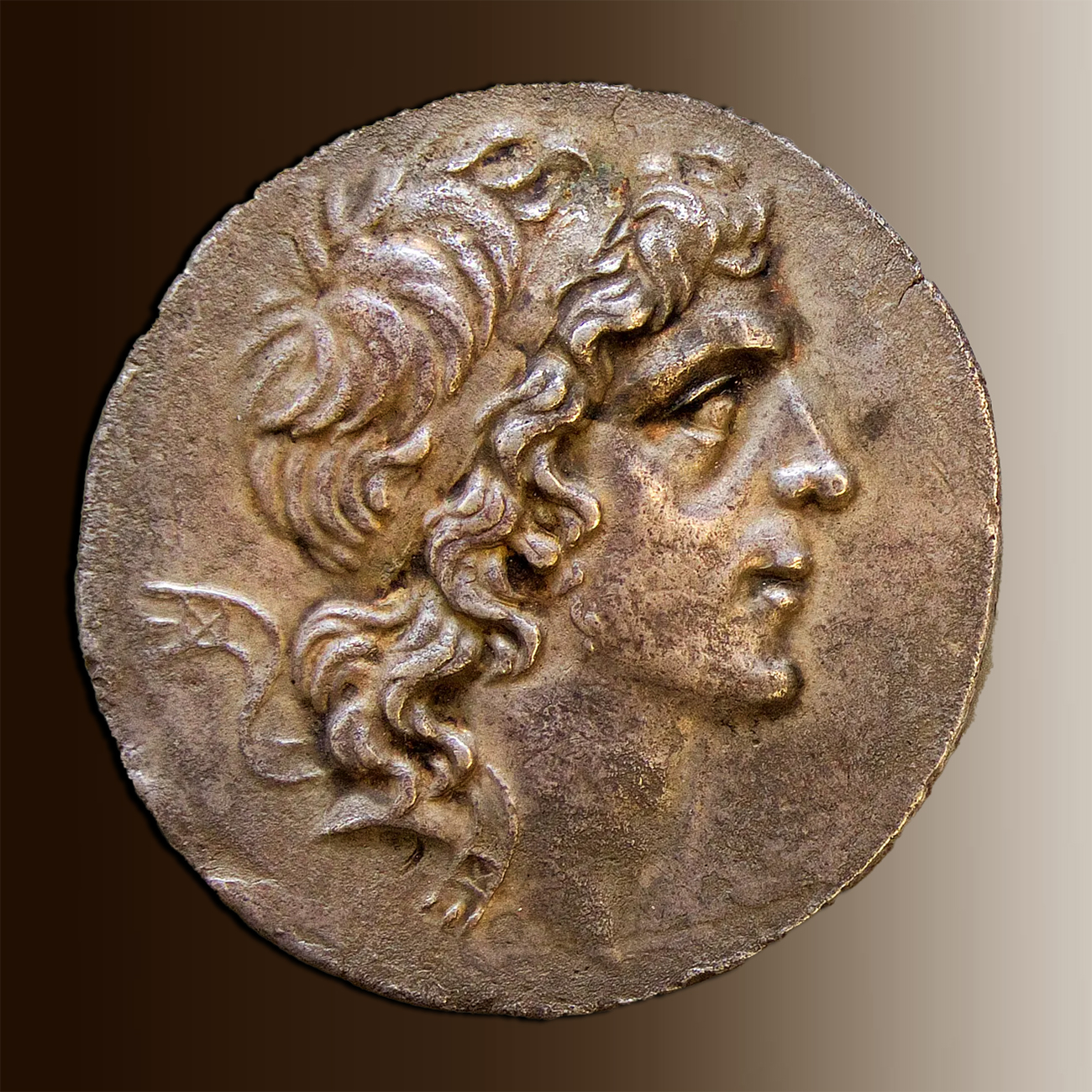 A close-up image of a silver coin from 2nd–1st century BCE featuring a profile view of Mithradates VI Eupator, the King of Pontus, with detailed curly hair and a prominent facial structure.