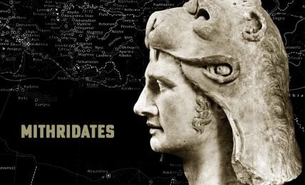 A profile view of a marble sculpture of Mithradates VI Eupator, the ruler of the Kingdom of Pontus, wearing a helmet adorned with a lion's head, against a background featuring a historical map with the word "MITHRIDATES" prominently displayed.