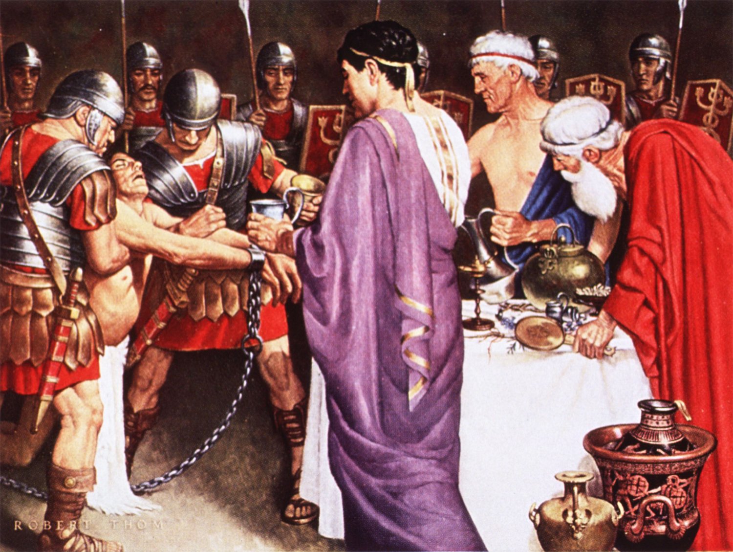 An illustration showing Mithridates VI, dressed in purple, observing as an elderly man administers poison to a chained prisoner, with soldiers in the background.