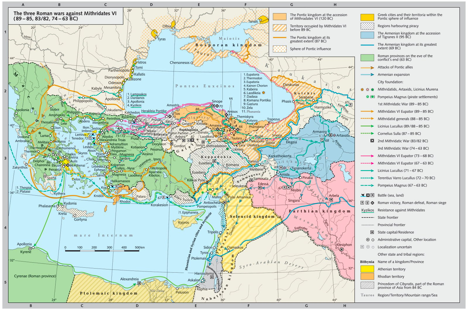  An informative map that visualizes the territorial changes and major conflict zones during the three Mithridatic Wars, with annotations for key battles, sieges, and political shifts in the Pontic, Seleucid, and Roman territories influenced by Mithridates VI's campaigns against Rome from 89 to 63 BC.