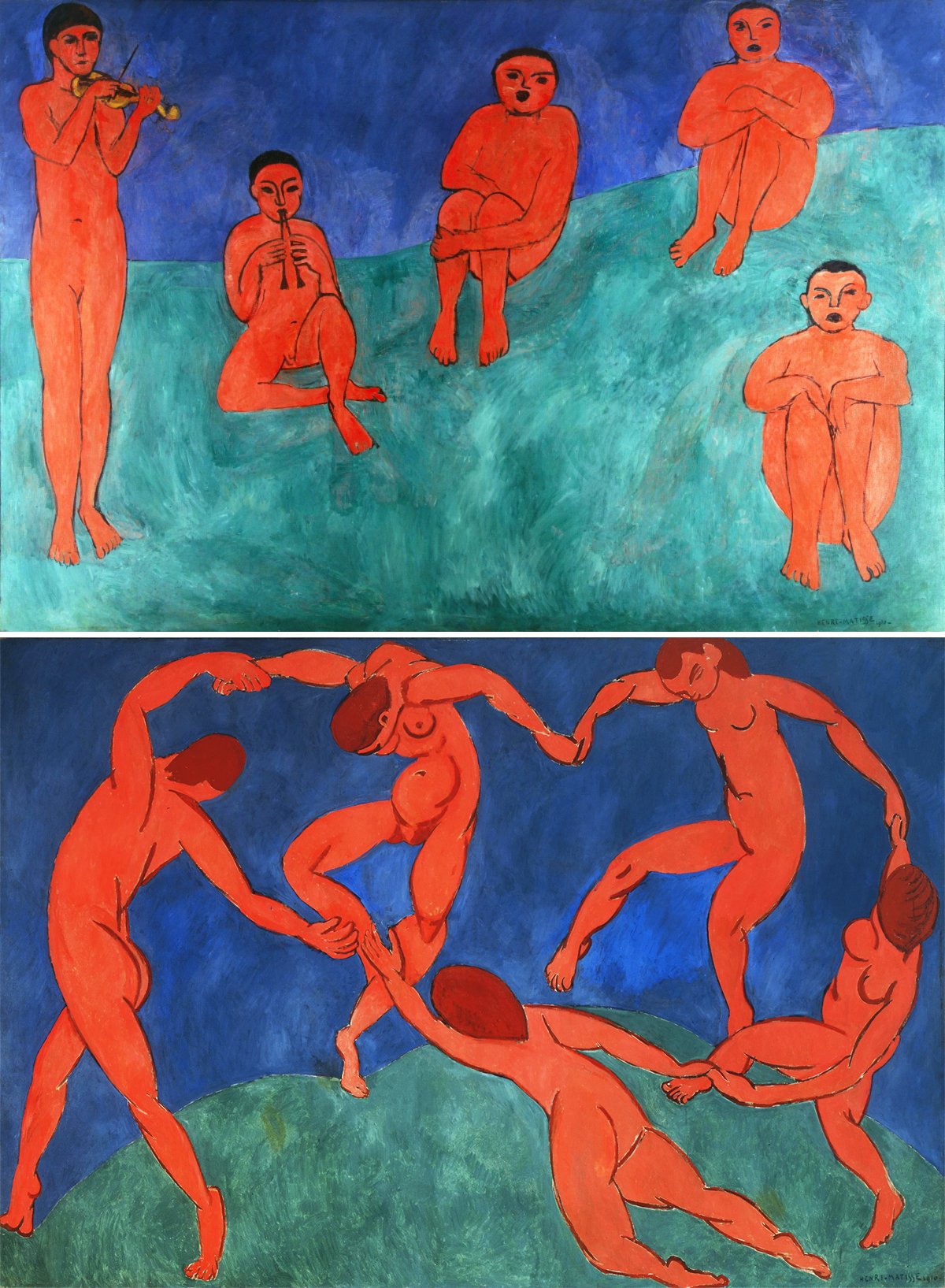This image displays two panels by Henri Matisse, "Music" (top) and "Dance" (bottom), created in 1910. "The Dance '' features a circle of five nude figures holding hands against a vibrant blue background, dancing atop a lush green hill. The figures are rendered in a striking red, symbolizing their inner vitality and passion. "Music" presents four figures seated in a line and one standing engaged in playing musical instruments and singing, set against a similarly intense blue backdrop with a green base, suggesting a connection to earth and cosmos. Both works exemplify Matisse's bold Fauvist style, with a reduced color palette of green, red, and blue, and simplified, almost abstracted human forms. The paintings radiate a dynamic contrast between the frenetic energy of "The Dance" and the serene concentration of "Music," capturing the essence of human creativity and its harmony with nature.