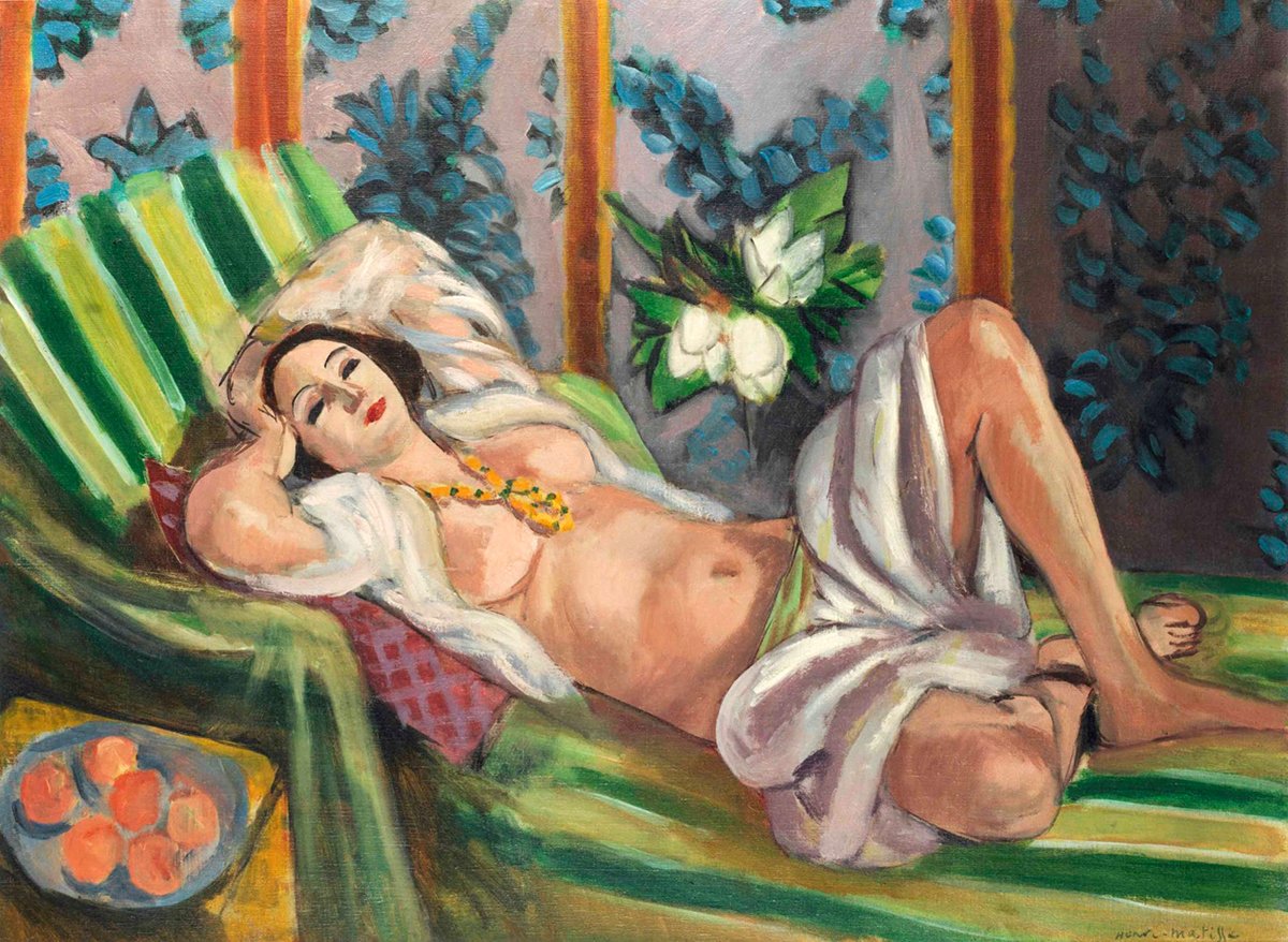 "Odalisque with Magnolias" by Henri Matisse, depicting a reclining female figure on a vibrant green and red patterned divan, adorned with a yellow necklace, against a backdrop of magnolia flowers and a bowl of oranges, Matisse's highest-sold painting.