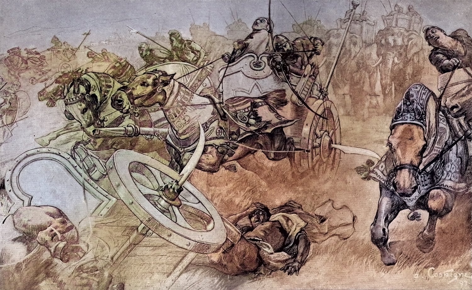 An illustration showing Persian scythed chariots in full charge during battle, with horses adorned in elaborate armor, charioteers wielding weapons, and fallen enemies on the ground.