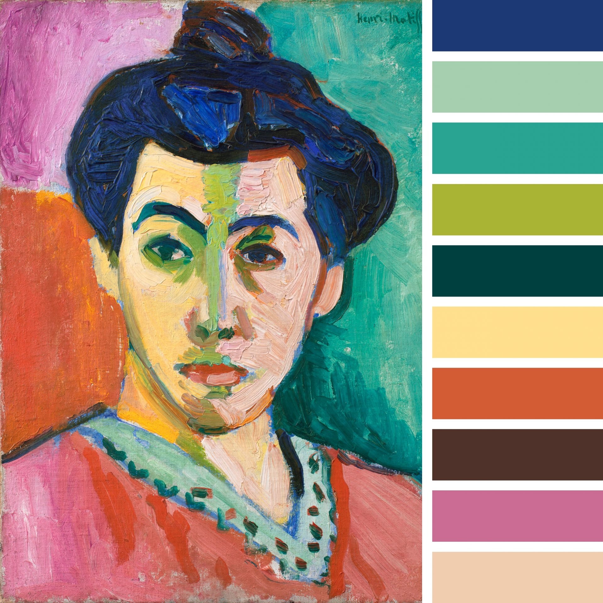 This image shows "Portrait of Madame Matisse. The Green Line," a Fauvist painting from 1905 by Henri Matisse. It is a striking portrait of Matisse's wife with bold, non-representational colors and a distinctive green stripe down the center of her face. Her features are rendered in patches of color rather than with detailed realism, with her skin tones varying from pale to pink, and her dress featuring splashes of red with green accents. The background is divided into blocks of color, with a pinkish hue to the left and a warm orange to the right, exemplifying the Fauvist color palette. The overall effect is one of dynamic and vibrant color contrasts that encapsulate the Fauvist movement's release of color from descriptive accuracy, allowing it to act with its own expressive power.