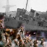 A composite image blending a historical black and white photograph of the HMS Campbeltown lodged in the drydock at St. Nazaire with a colorful painting depicting the intense action of the St. Nazaire Raid. Commandos are illustrated in the foreground climbing down ladders and engaging in combat amidst smoke and gunfire, while the grayscale backdrop shows the actual ship and dock structures during the time of the raid.