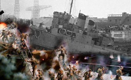 A composite image blending a historical black and white photograph of the HMS Campbeltown lodged in the drydock at St. Nazaire with a colorful painting depicting the intense action of the St. Nazaire Raid. Commandos are illustrated in the foreground climbing down ladders and engaging in combat amidst smoke and gunfire, while the grayscale backdrop shows the actual ship and dock structures during the time of the raid.
