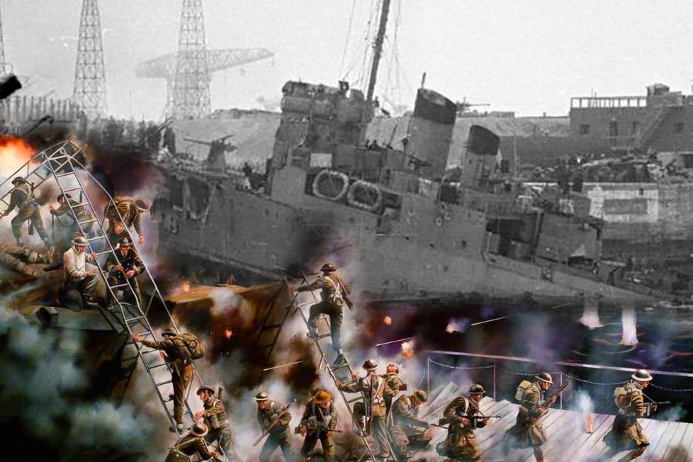 A composite image blending a historical black and white photograph of the HMS Campbeltown lodged in the drydock at St. Nazaire with a colorful painting depicting the intense action of the St. Nazaire Raid. Commandos are illustrated in the foreground climbing down ladders and engaging in combat amidst smoke and gunfire, while the grayscale backdrop shows the actual ship and dock structures during the time of the raid.