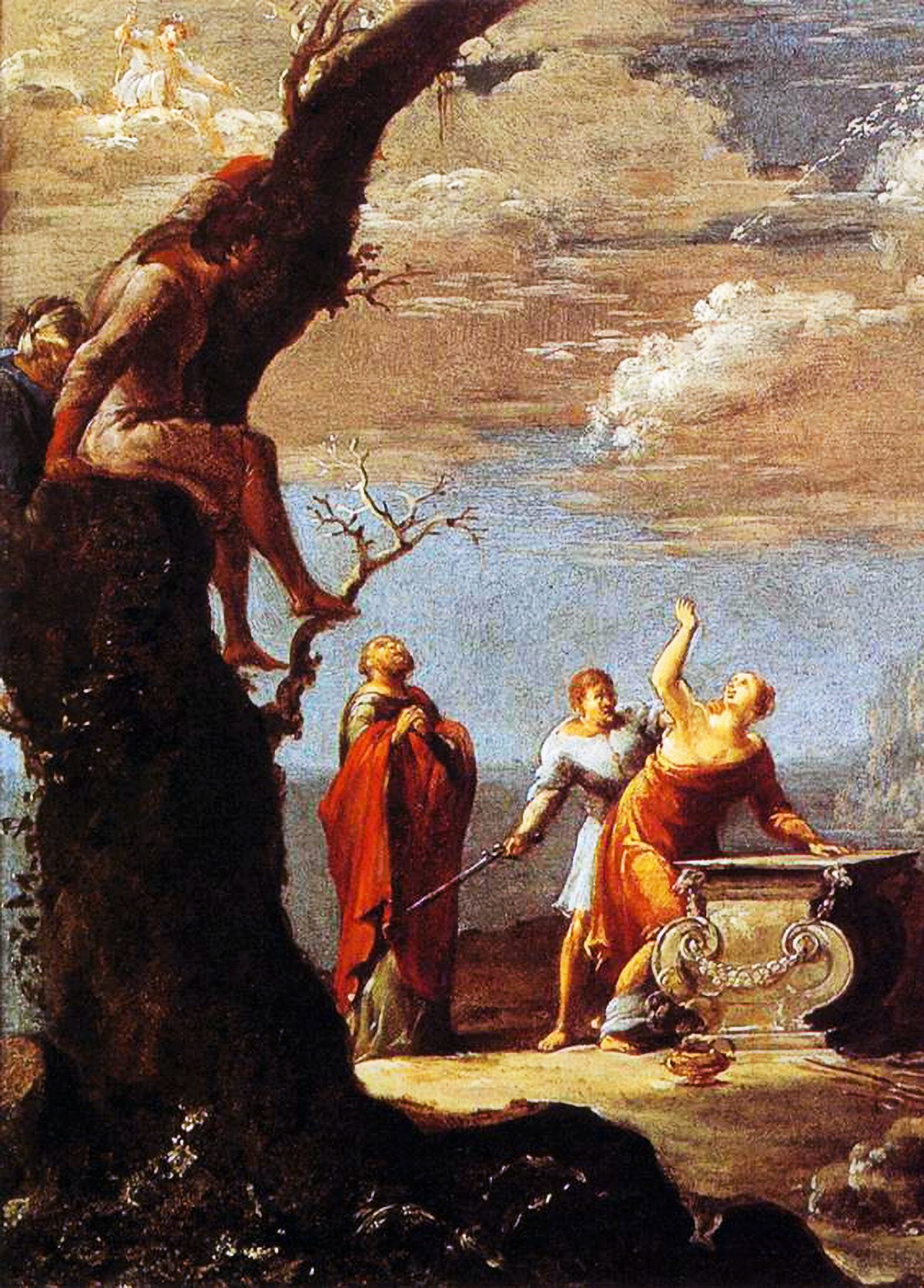  "The Sacrifice of Iphigenia" by Leonard Bramer, depicting a distraught Iphigenia at the altar, her father Agamemnon in a red cloak, and a priest with a knife, with an angelic figure above signaling divine intervention.