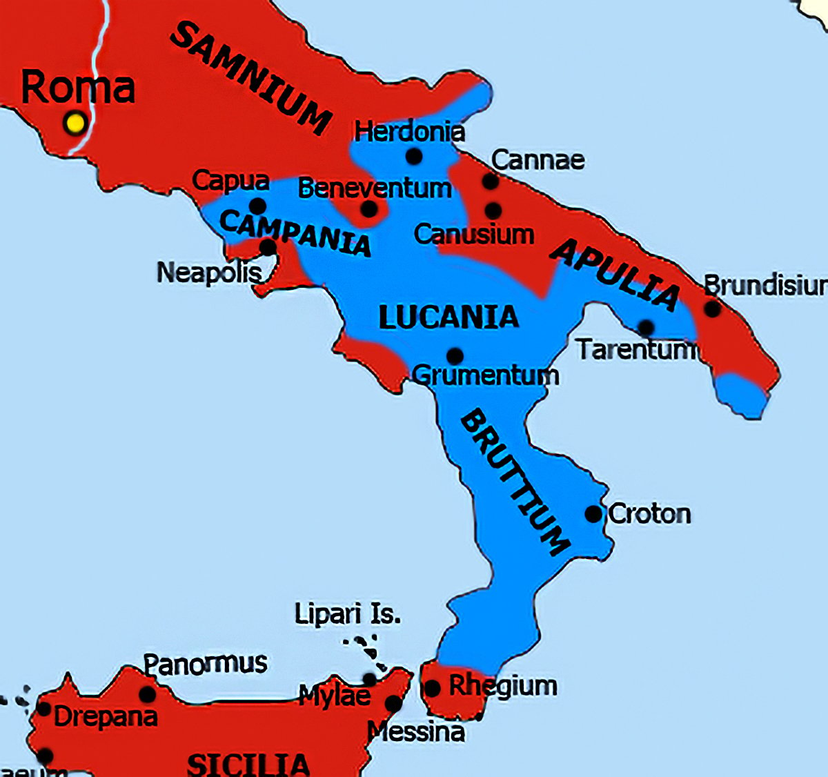 A map highlighting in blue the regions of Southern Italy allied with Hannibal, juxtaposed with Roman territory in red, featuring key locations and battles during the Second Punic War.