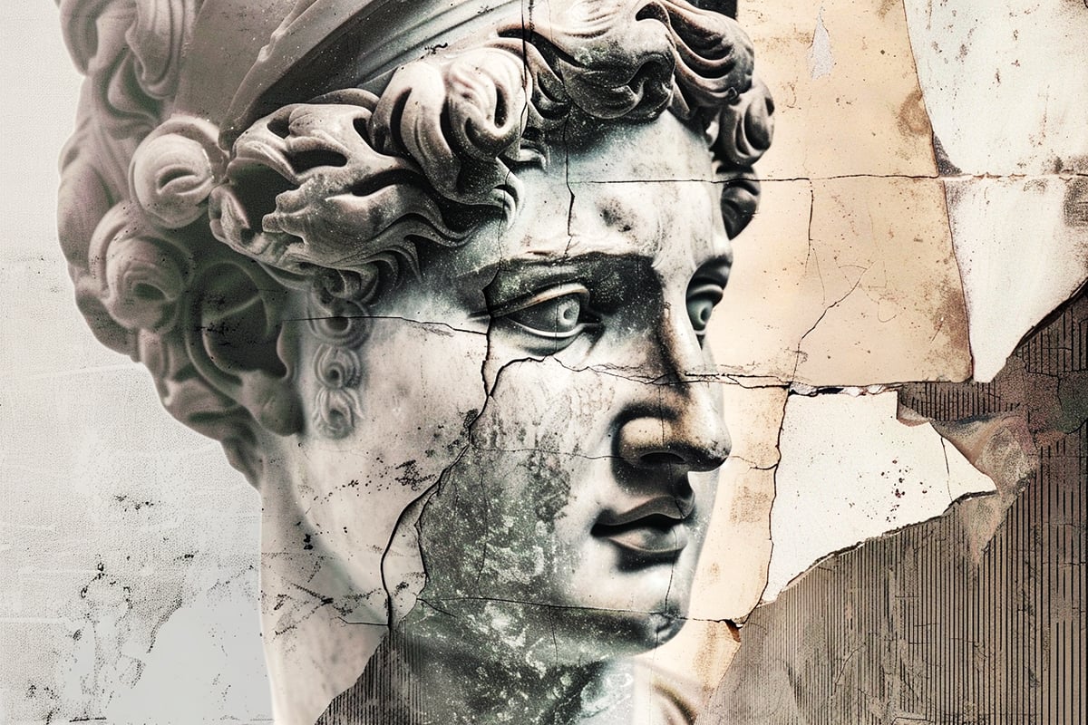 Artistic depiction of a classical marble bust, fractured and pieced back together, symbolizing the stoic virtue of resilience. The sculpture's composed expression against a backdrop of weathered textures and architectural lines conveys a sense of enduring strength and the ability to withstand life's challenges.