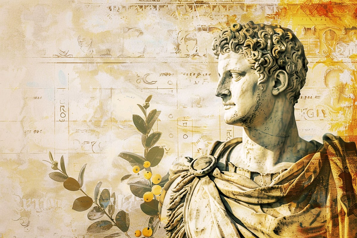 Artistic representation of a marble bust of a Roman figure, possibly an emperor, overlayed with faded architectural drawings and text in a classical script. The figure, which has curly hair and a draped cloak, is profiled against a background adorned with a branch bearing green leaves and yellow fruit, suggesting a blend of historical depth and the stoic value of goodness.