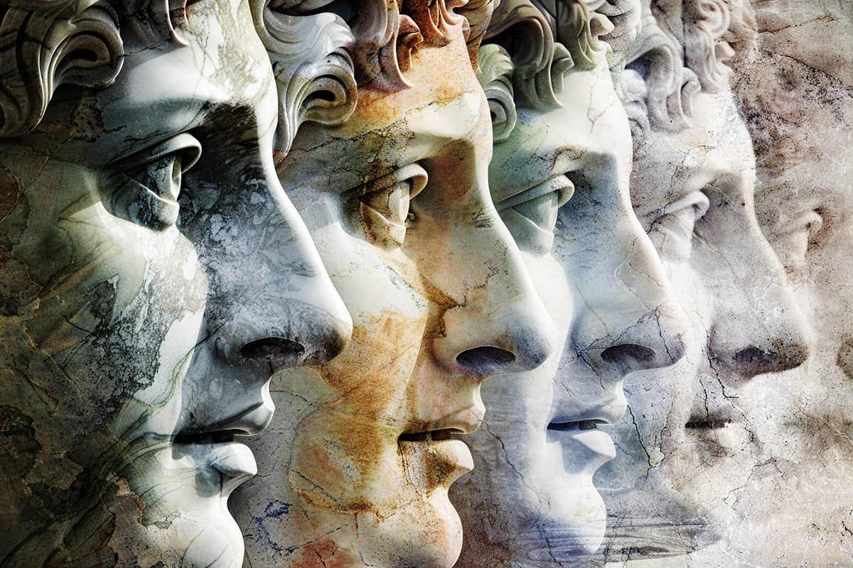A composite image featuring multiple overlapping busts of a classical statue in a gradual transition from shadow to light. The statues' faces blend seamlessly with one another against a textured backdrop. The visual effect symbolizes the Stoic philosophy of understanding oneself and the continuous growth towards becoming one's best version.