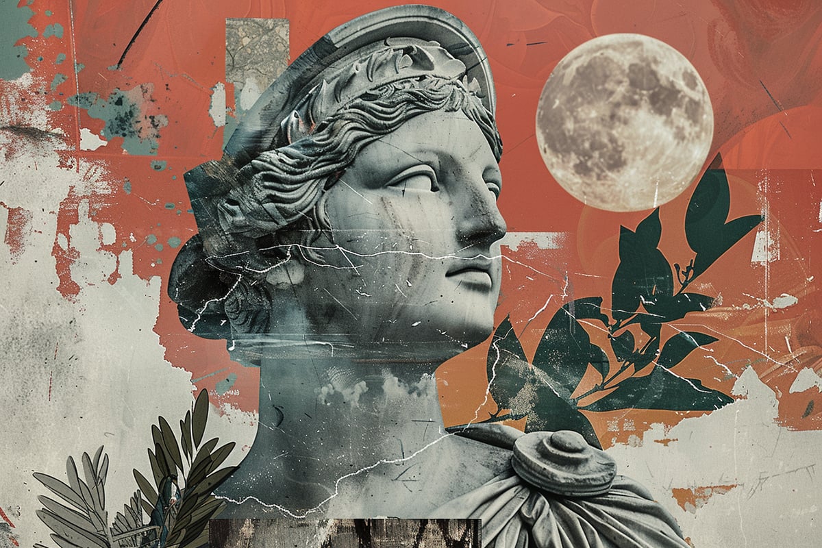 A digital composition featuring a classical bust superimposed on a collage of textures and ephemera, with a full moon and botanical elements in the background. The bust is depicted in grayscale with visible cracks, symbolizing the fragility of life. The warm, earthy tones and scattered, abstract elements around the figure suggest a contemplation of mortality through the lens of stoic philosophy.