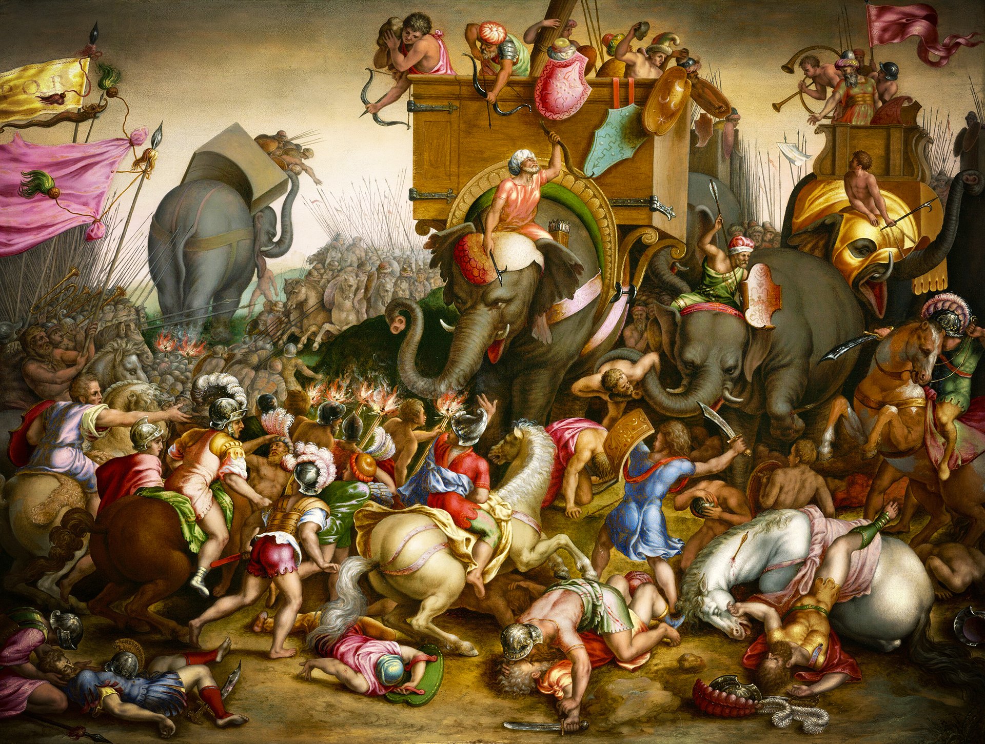 An elaborate historical painting depicting the Battle of Zama, showing the chaotic clash between Roman troops and Carthaginian forces led by Hannibal, featuring war elephants engaged in the combat.