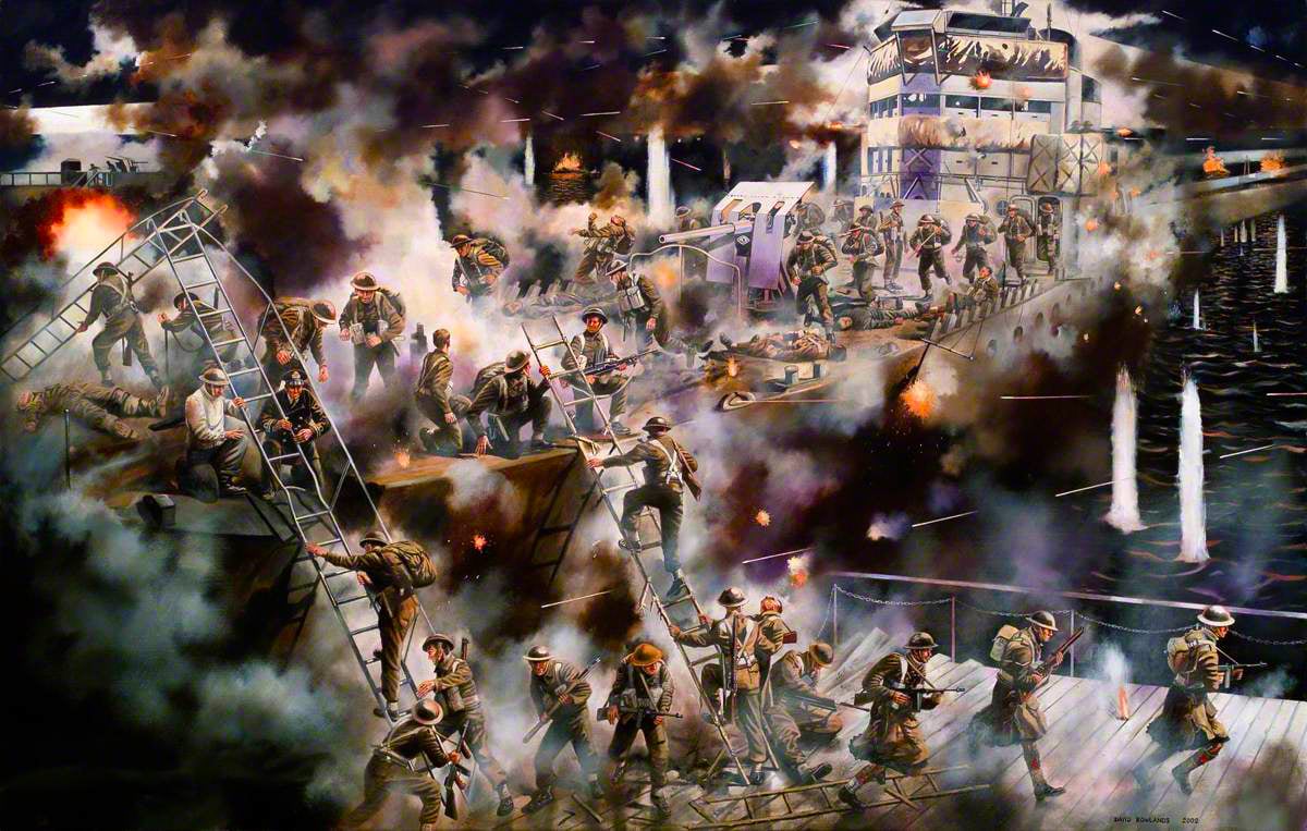 A vivid painting by David John Rowlands portraying the intense moments of The Raid on St Nazaire on 28 March 1942. The scene is filled with British commandos rapidly disembarking from the HMS Campbeltown, amid a fierce battle. Smoke and flames engulf the area as the commandos rush to fulfill their mission within a critical one-hour window. 