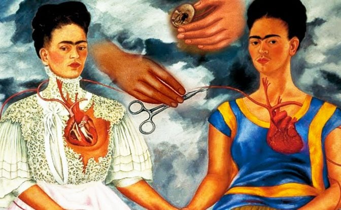 This is a manipulated image combining details from Frida Kahlo's painting "The Two Fridas". It shows the two seated Fridas with their hearts exposed and connected by a vein, which one Frida is severing with scissors. The Frida on the left is in a white European-style dress with a damaged heart, and the Frida on the right is in a traditional Mexican blouse and skirt, with a whole heart. Overlaid on the top right is a close-up of a hand holding a small portrait of Diego Rivera, emphasizing the emotional connection depicted in the painting. The dramatic stormy sky in the background adds to the emotional weight of the composition.