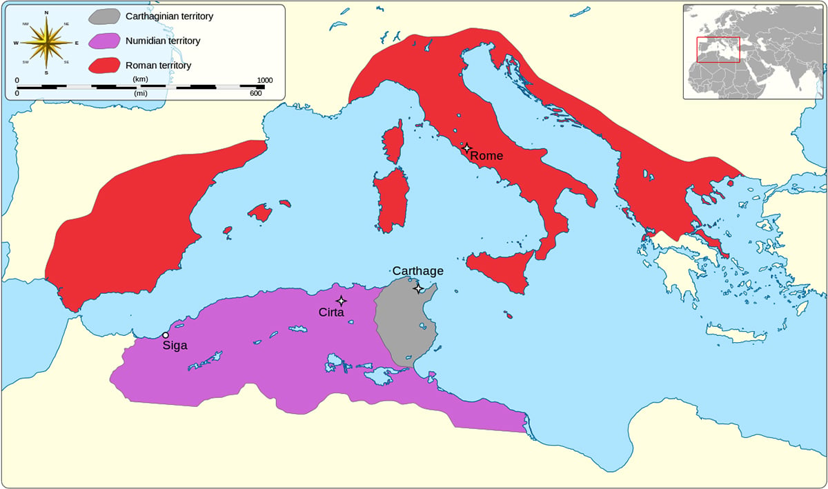 A color-coded map of the Western Mediterranean at the start of the Third Punic War, showing Carthaginian territory in gray, Numidian territory in purple, and Roman territory in red, with key cities like Carthage and Rome marked, and a small inset map indicating the region's location in the context of Europe and North Africa.